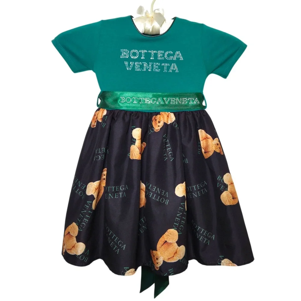 Bottega Veneta Girls Green Teddy Bear Logo Dress Kids‎ Size 3-4 Years NWT